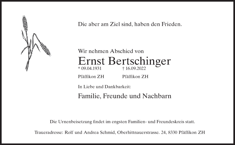  Traueranzeige für Ernst Bertschinger vom 21.09.2022 aus AvU