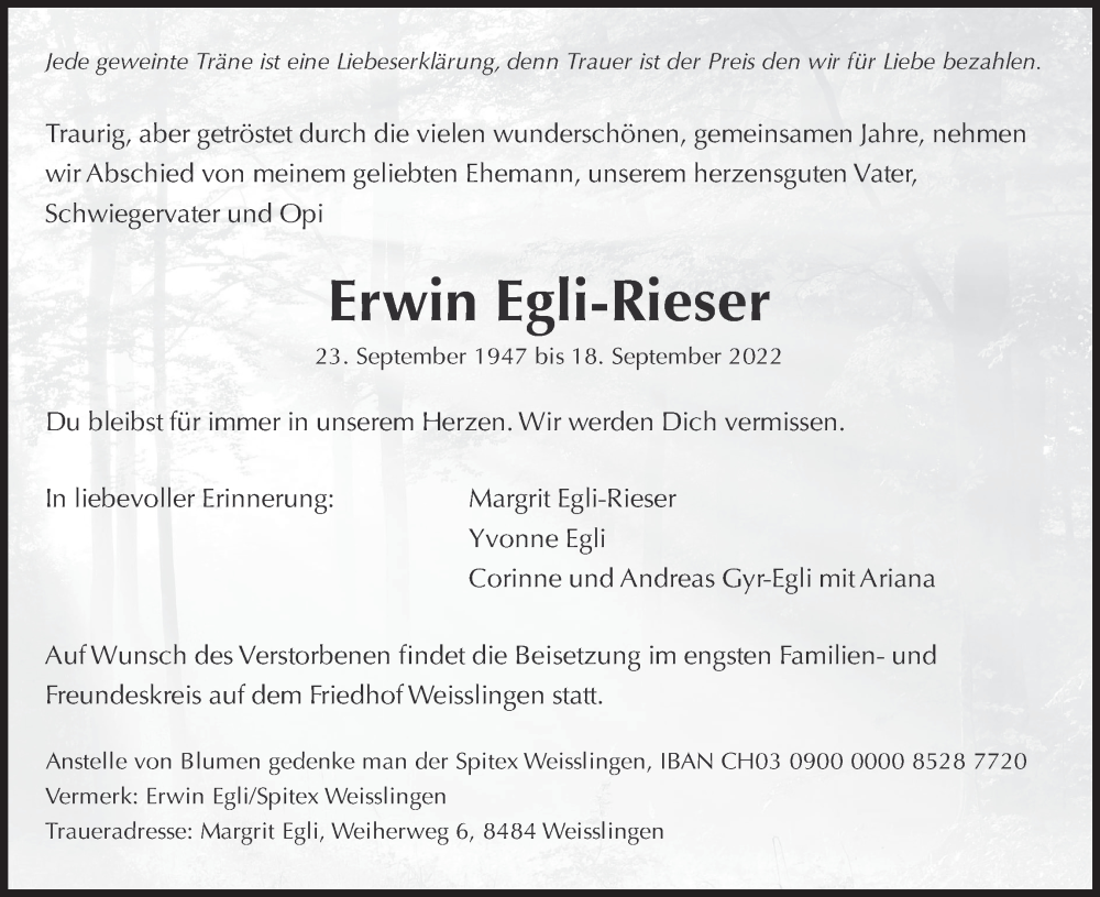  Traueranzeige für Erwin Egli-Rieser vom 21.09.2022 aus AvU