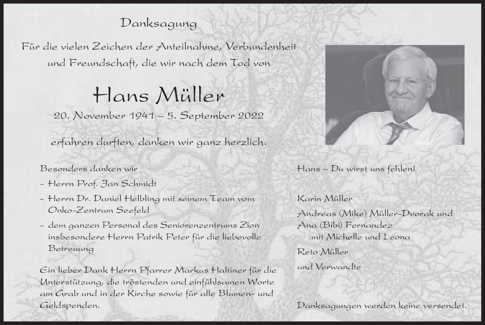  Traueranzeige für Hans Müller vom 28.09.2022 aus AvU