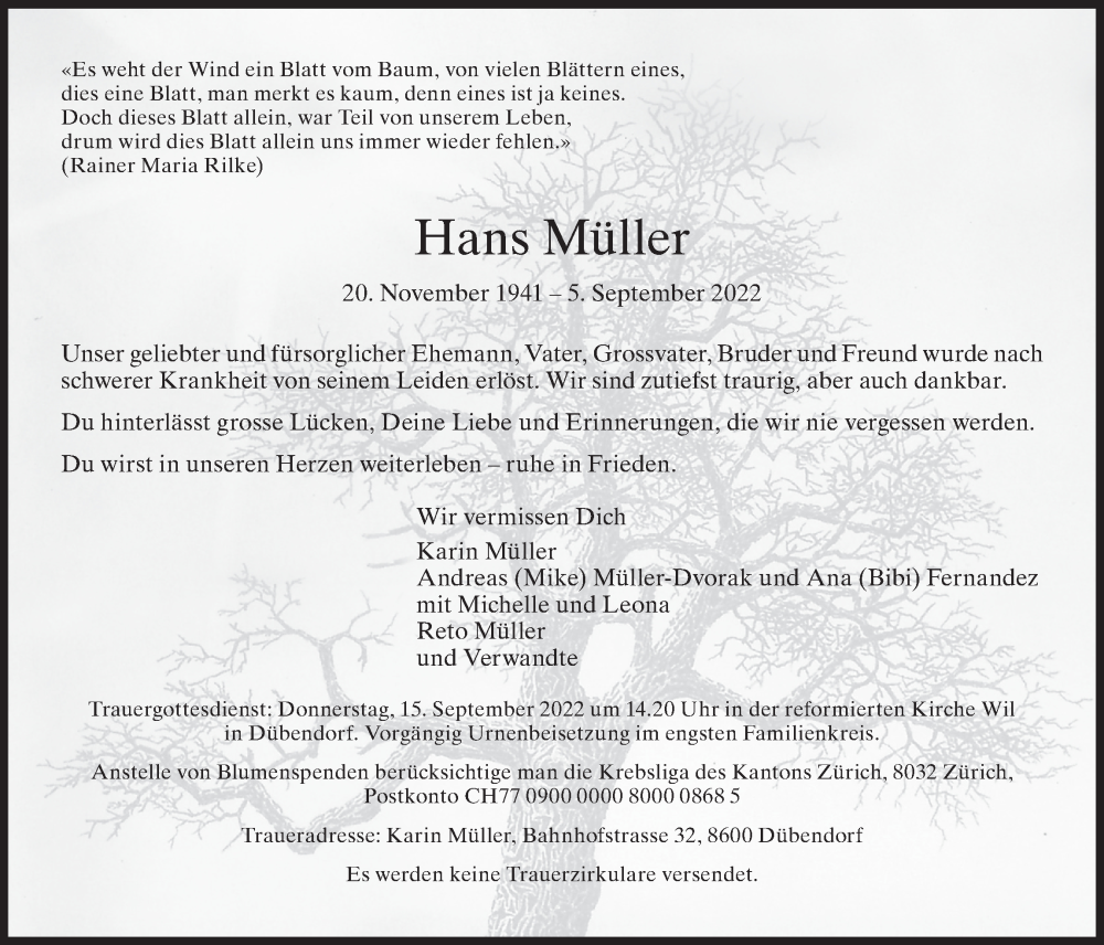  Traueranzeige für Hans Müller vom 09.09.2022 aus VO solo