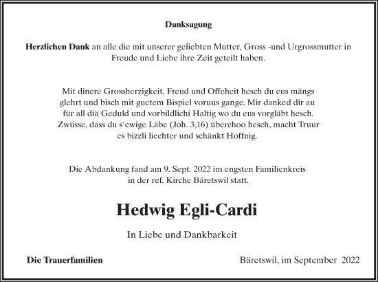 Traueranzeige von Hedwig Egli-Cardi von AvU