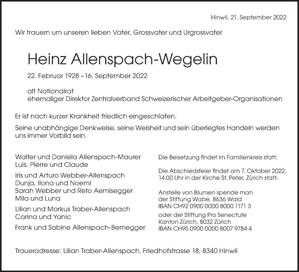  Traueranzeige für Heinz Allenspach-Wegelin vom 22.09.2022 aus AvU