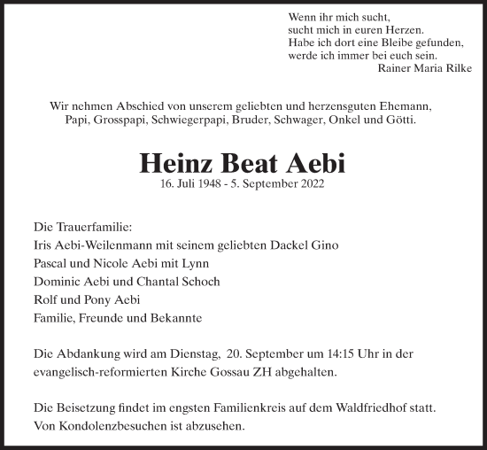 Traueranzeige von Heinz Beat Aebi von AvU