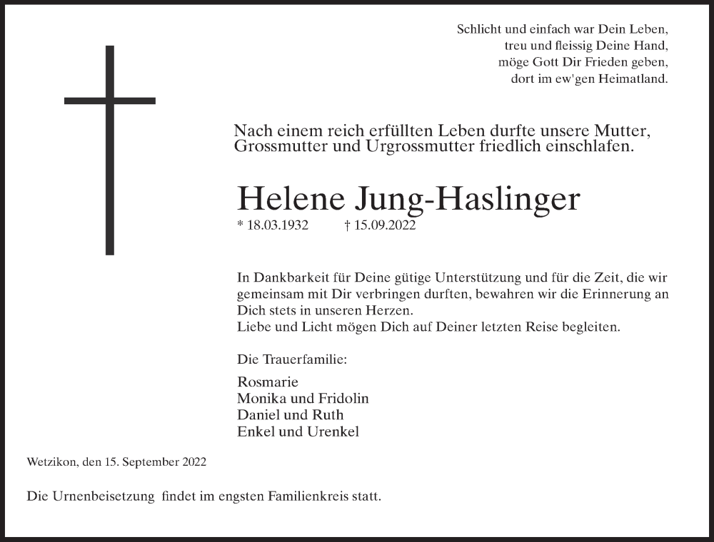  Traueranzeige für Helene Jung-Haslinger vom 20.09.2022 aus AvU