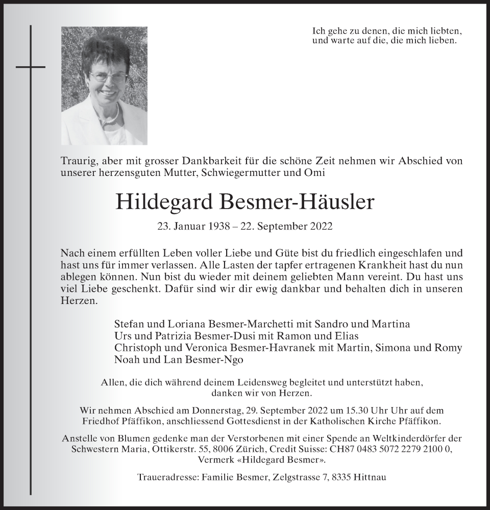  Traueranzeige für Hildegard Besmer-Häusler vom 24.09.2022 aus AvU