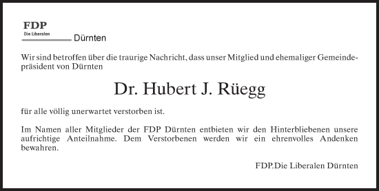 Traueranzeige von Hubert J. Rüegg von AvU
