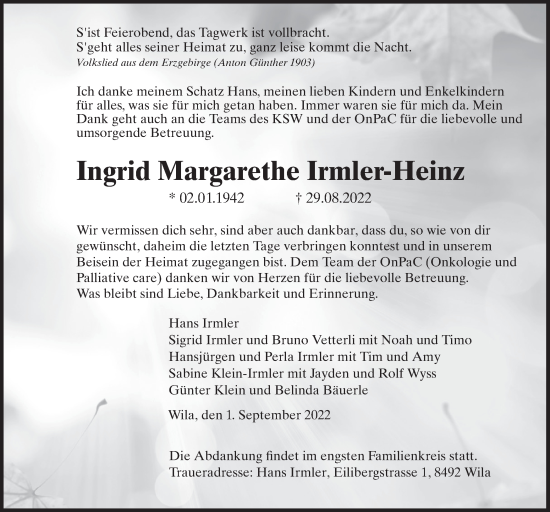 Traueranzeige von Ingrid Margarethe Irmler-Heinz von AvU
