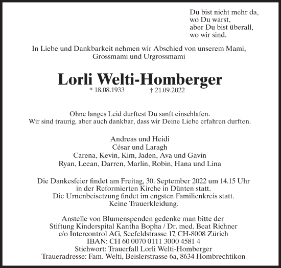 Traueranzeige von Lorli Welti-Homberger von AvU