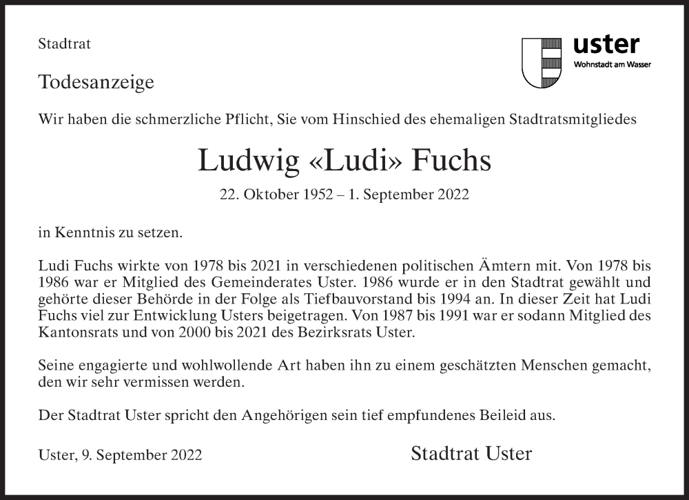  Traueranzeige für Ludwig Fuchs vom 10.09.2022 aus AvU