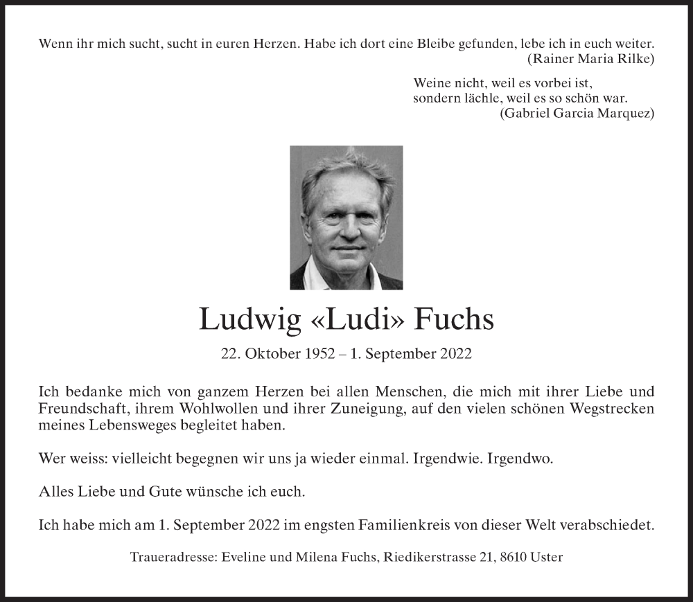  Traueranzeige für Ludwig Fuchs vom 07.09.2022 aus AvU