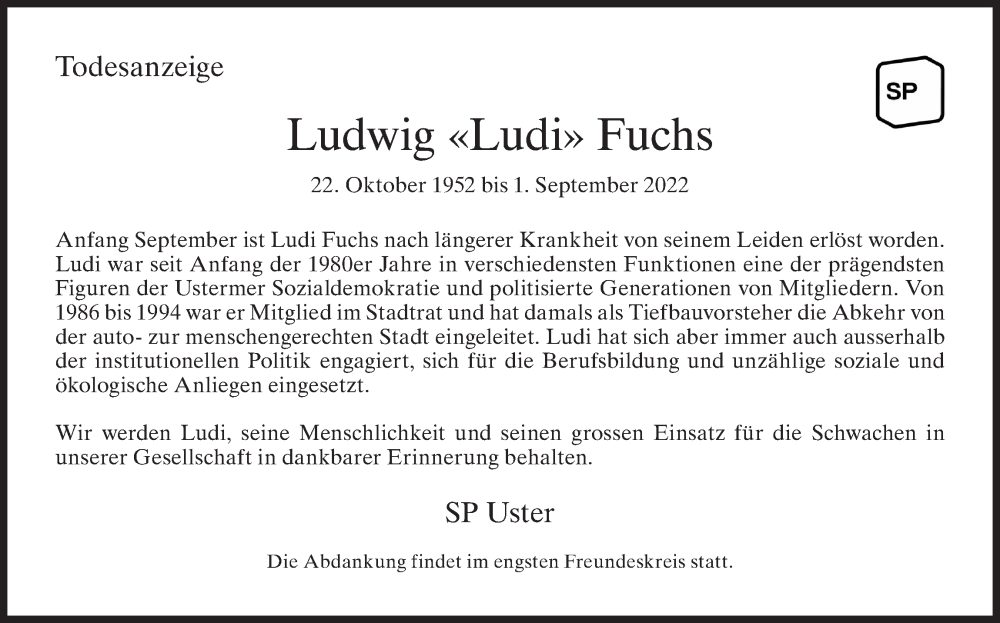  Traueranzeige für Ludwig Fuchs vom 08.09.2022 aus AvU