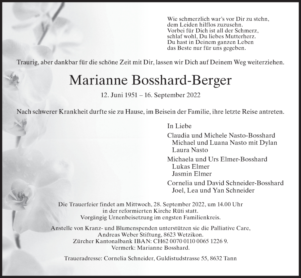  Traueranzeige für Marianne Bosshard-Berger vom 21.09.2022 aus AvU