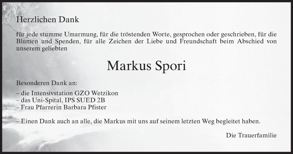 Traueranzeige für Markus Spori vom 07.09.2022 aus AvU