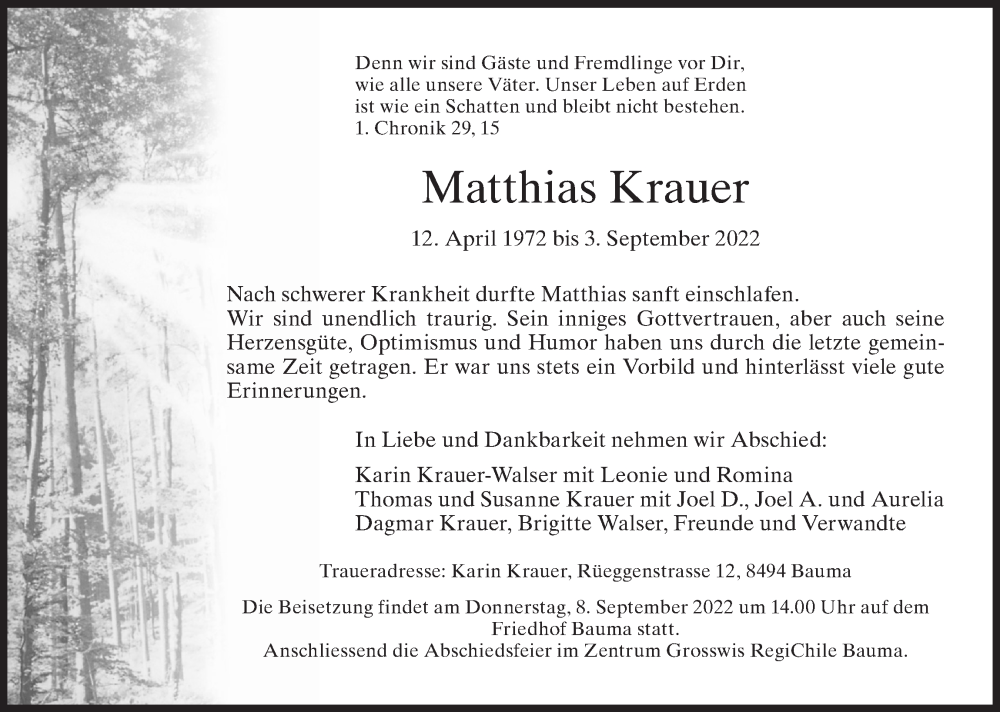  Traueranzeige für Matthias Krauer vom 07.09.2022 aus AvU