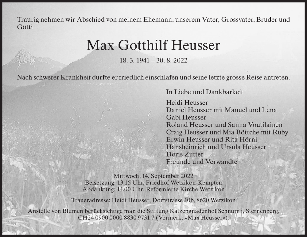  Traueranzeige für Max Gotthilf Heusser vom 07.09.2022 aus AvU