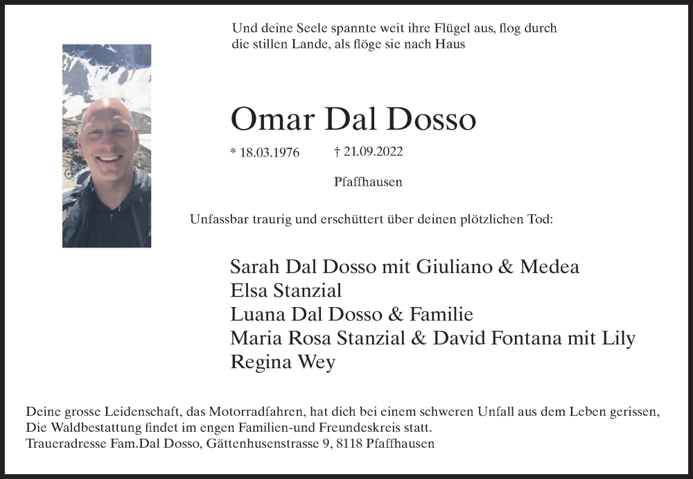  Traueranzeige für Omar  Dal Dosso vom 29.09.2022 aus AvU