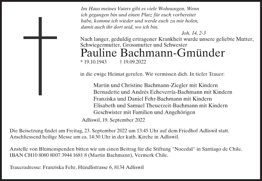  Traueranzeige für Pauline Bachmann-Gmünder vom 28.09.2022 aus AvU