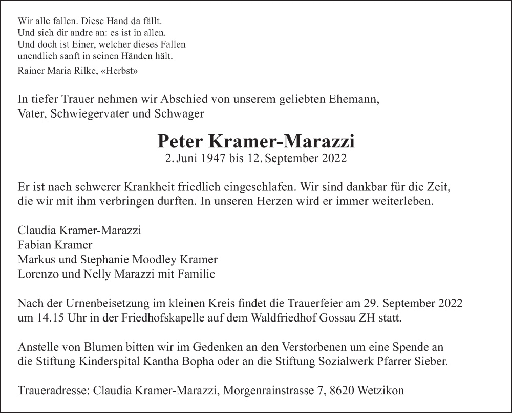  Traueranzeige für Peter Kramer-Marazzi vom 21.09.2022 aus AvU
