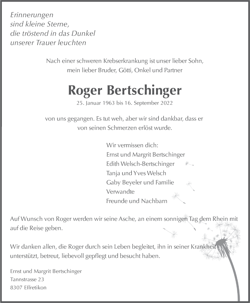  Traueranzeige für Roger Bertschinger vom 22.09.2022 aus reg_5
