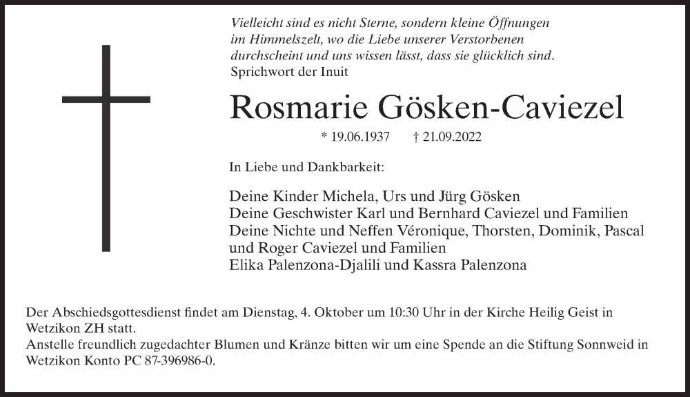  Traueranzeige für Rosmarie Gösken-Caviezel vom 28.09.2022 aus AvU