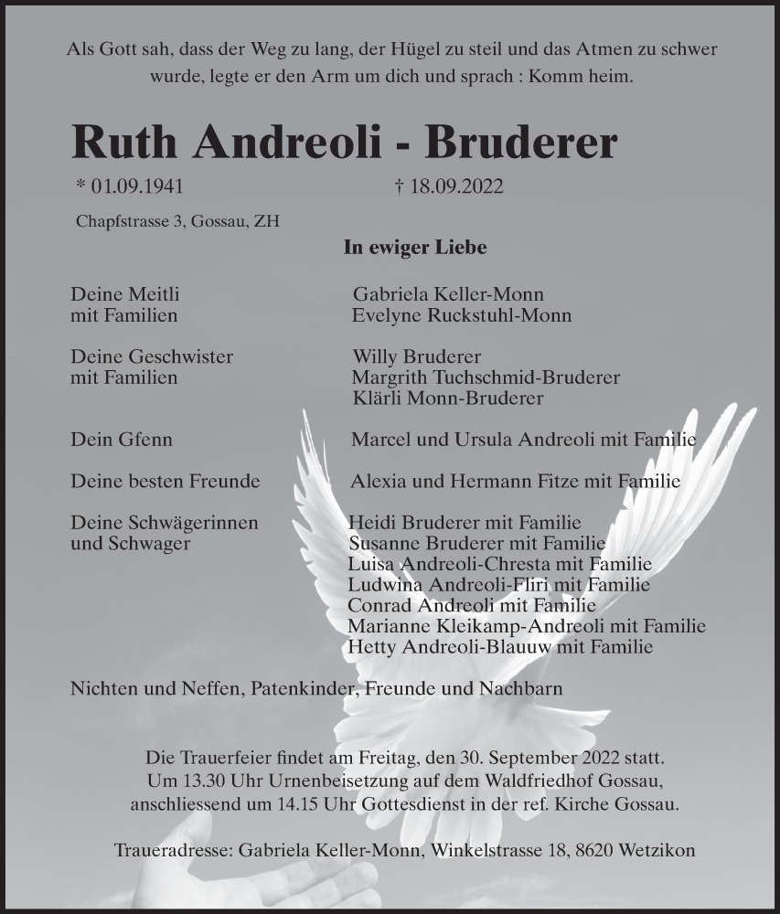  Traueranzeige für Ruth  Andreoli-Bruderer vom 21.09.2022 aus AvU