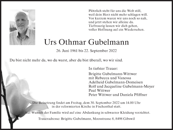 Traueranzeige von Urs Othmar Gubelmann von AvU
