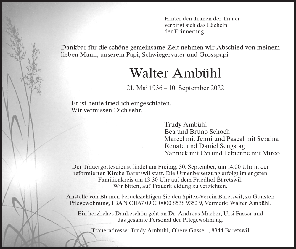  Traueranzeige für Walter Ambühl vom 14.09.2022 aus AvU