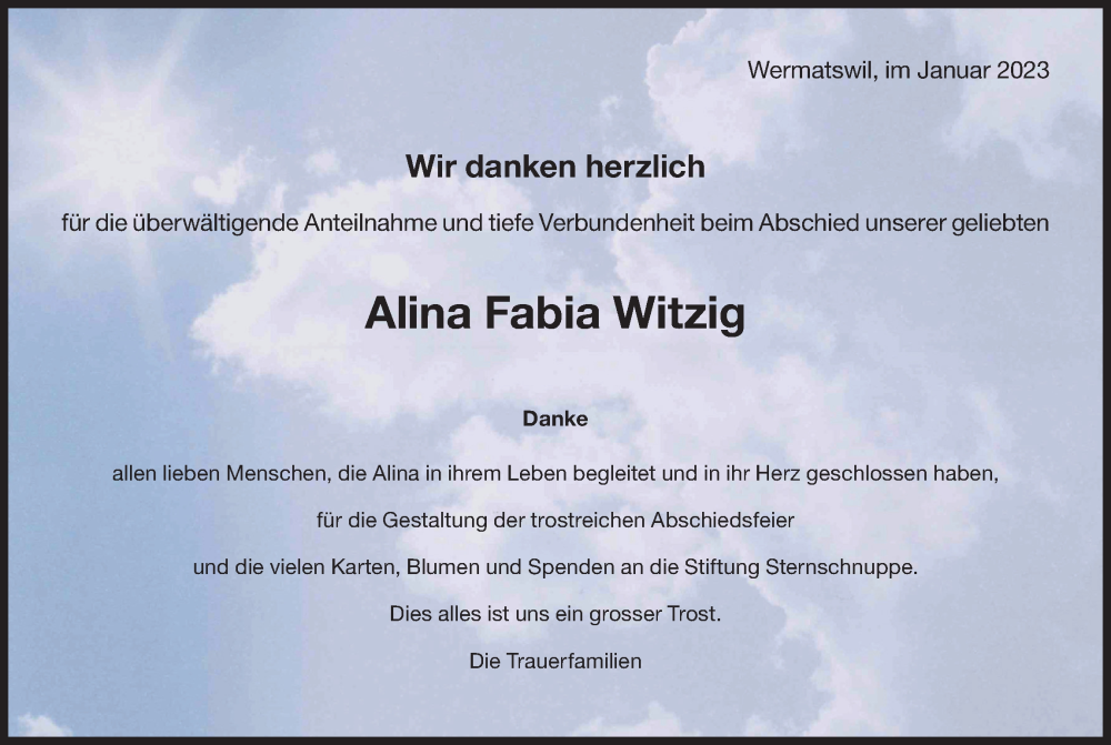  Traueranzeige für Alina Fabia Witzig vom 01.02.2023 aus AvU