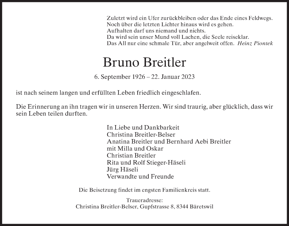  Traueranzeige für Bruno Breitler vom 25.01.2023 aus AvU