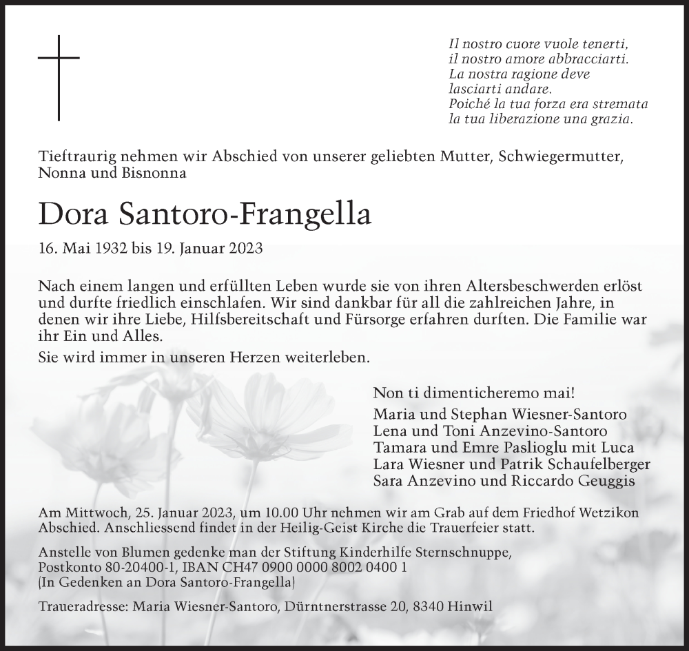  Traueranzeige für Dora Santoro-Frangella vom 21.01.2023 aus ZO solo