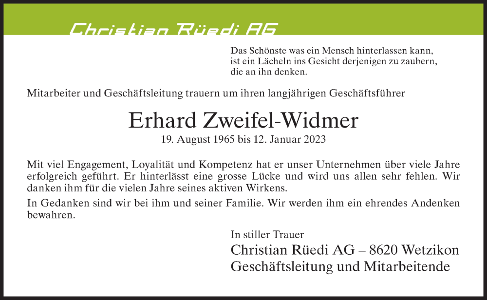  Traueranzeige für Erhard Zweifel-Widmer vom 20.01.2023 aus ZO solo