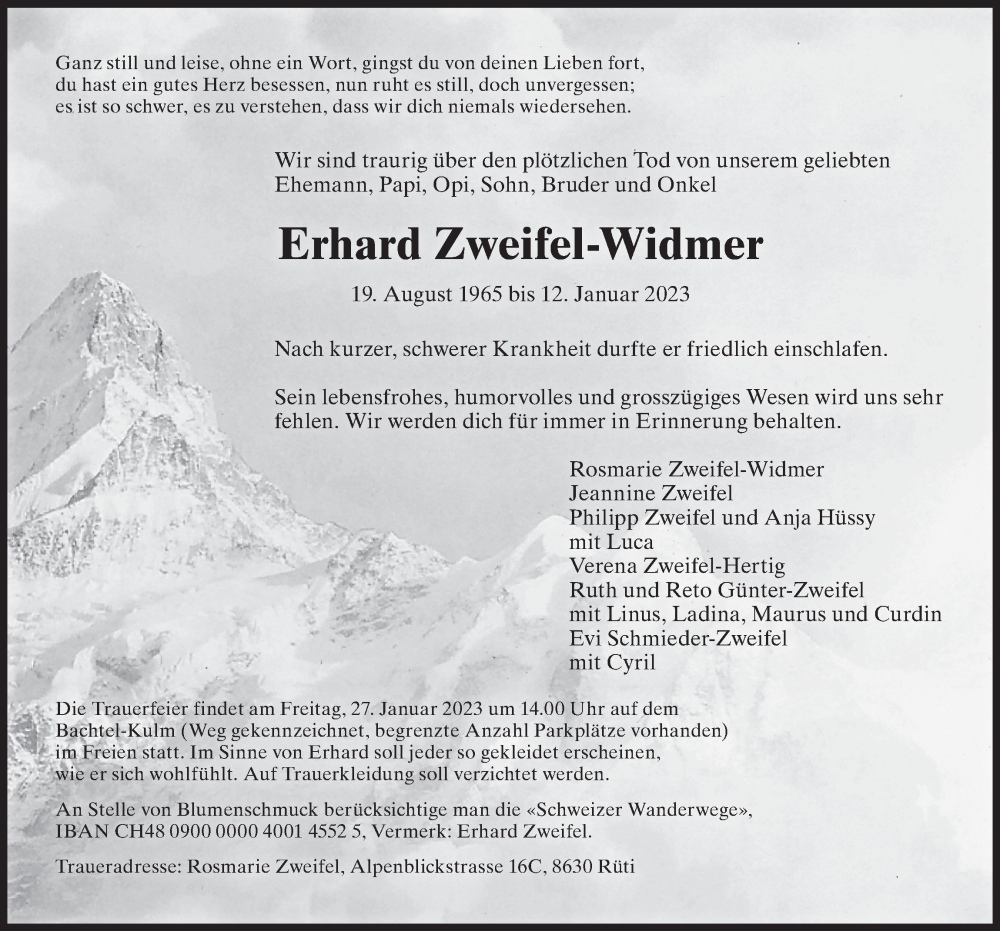  Traueranzeige für Erhard Zweifel-Widmer vom 19.01.2023 aus ZO solo