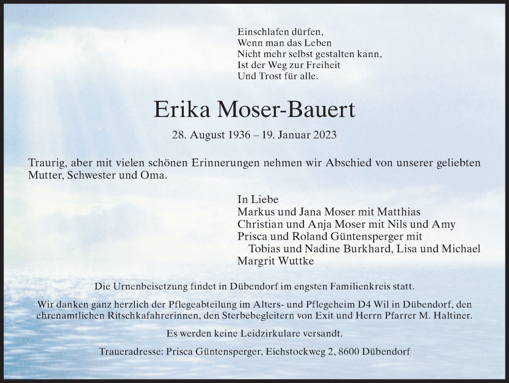  Traueranzeige für Erika Moser-Bauert vom 27.01.2023 aus VO solo