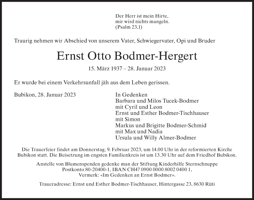  Traueranzeige für Ernst Otto Bodmer-Hergert vom 01.02.2023 aus AvU