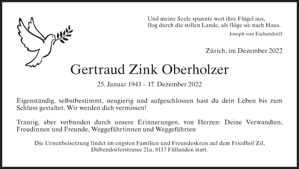  Traueranzeige für Gertraud Zink Oberholzer vom 05.01.2023 aus reg_2