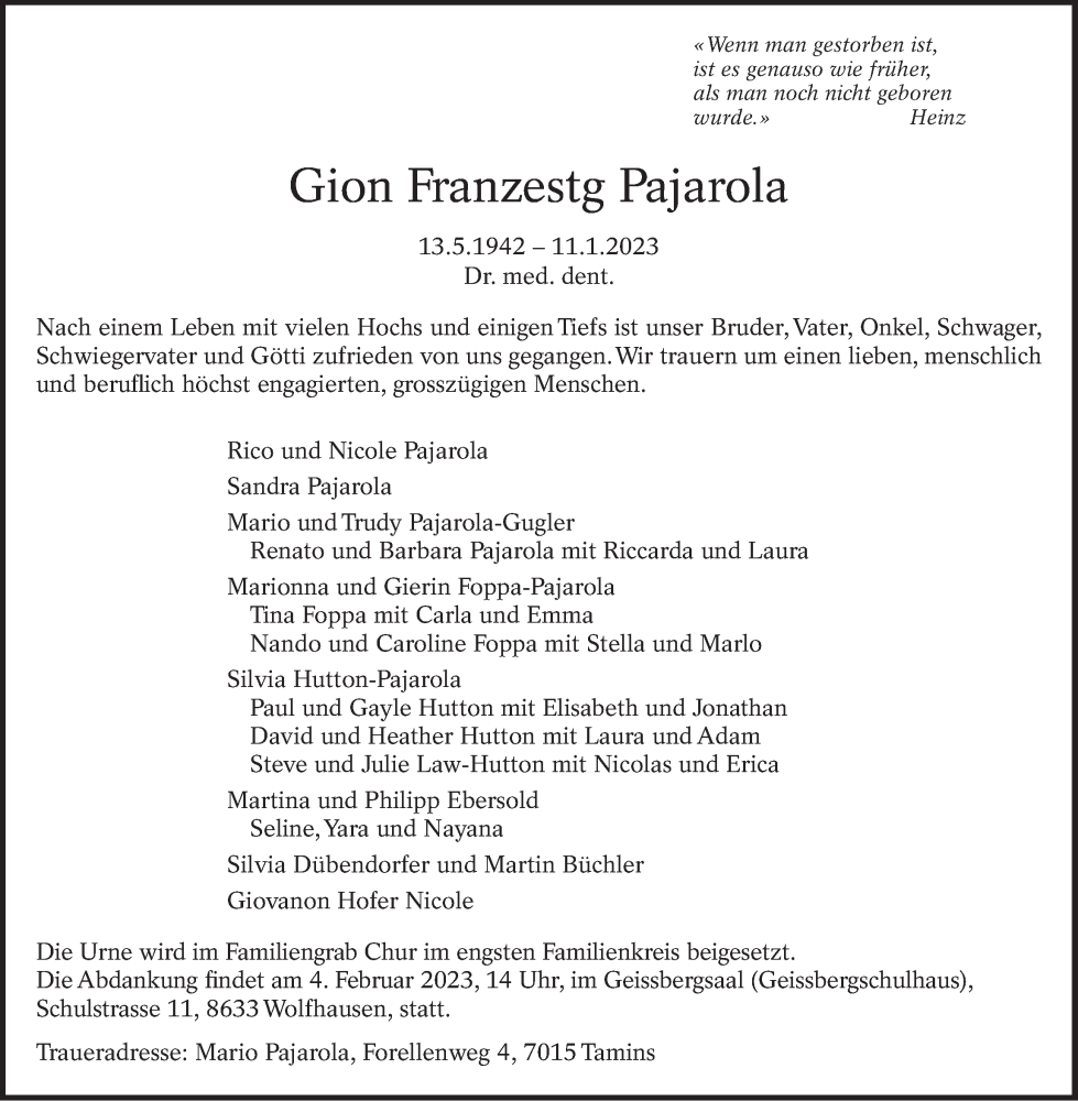  Traueranzeige für Gion Franzestg Pajarola vom 16.01.2023 aus ZO solo