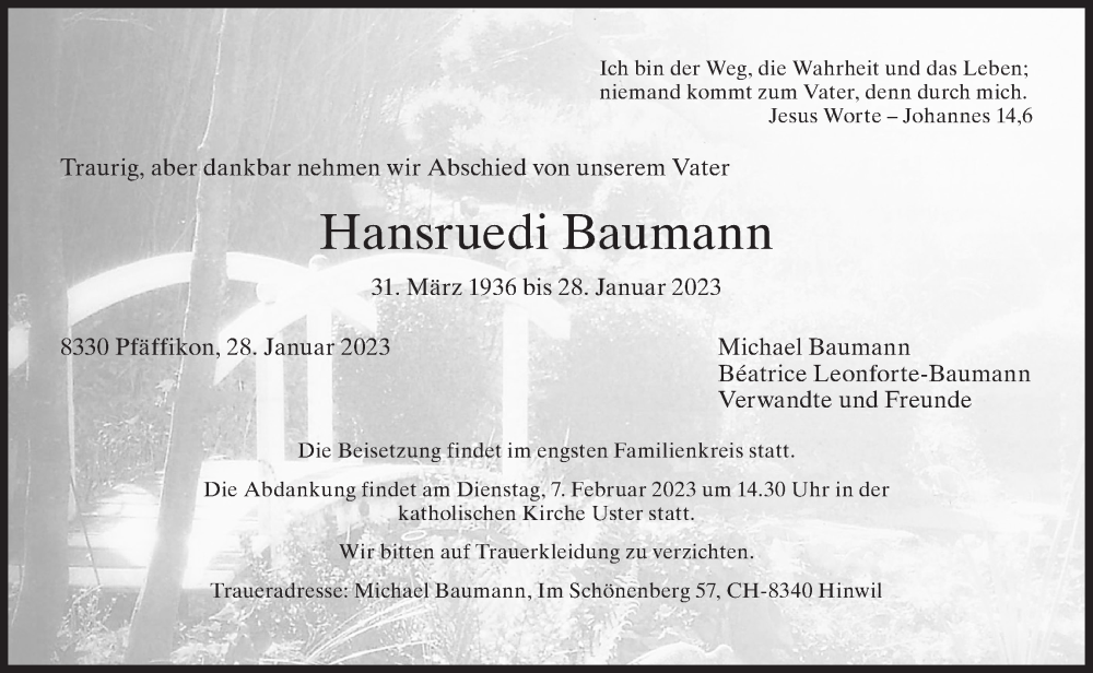  Traueranzeige für Hansruedi Baumann vom 01.02.2023 aus AvU