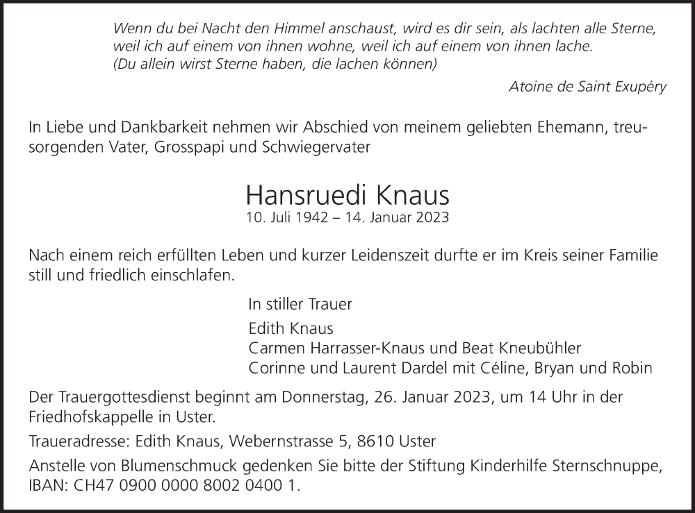  Traueranzeige für Hansruedi Knaus vom 18.01.2023 aus AvU