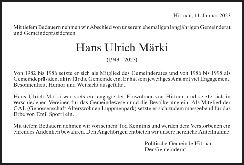  Traueranzeige für Hans Ulrich Märki vom 11.01.2023 aus AvU
