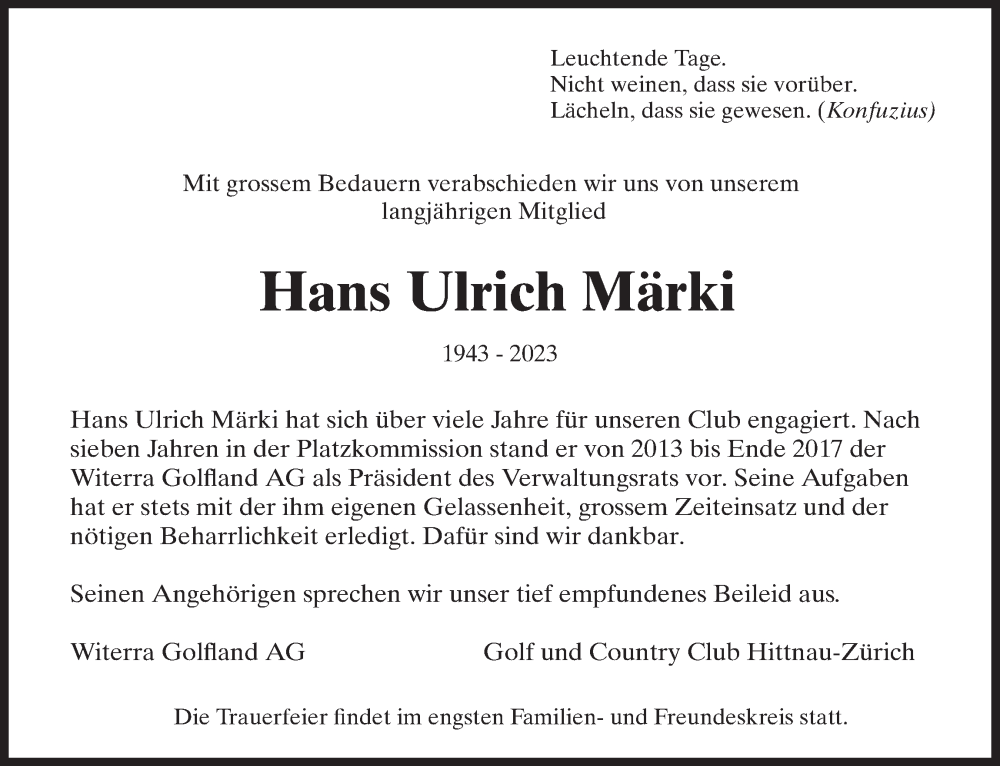  Traueranzeige für Hans Ulrich Märki vom 12.01.2023 aus AvU