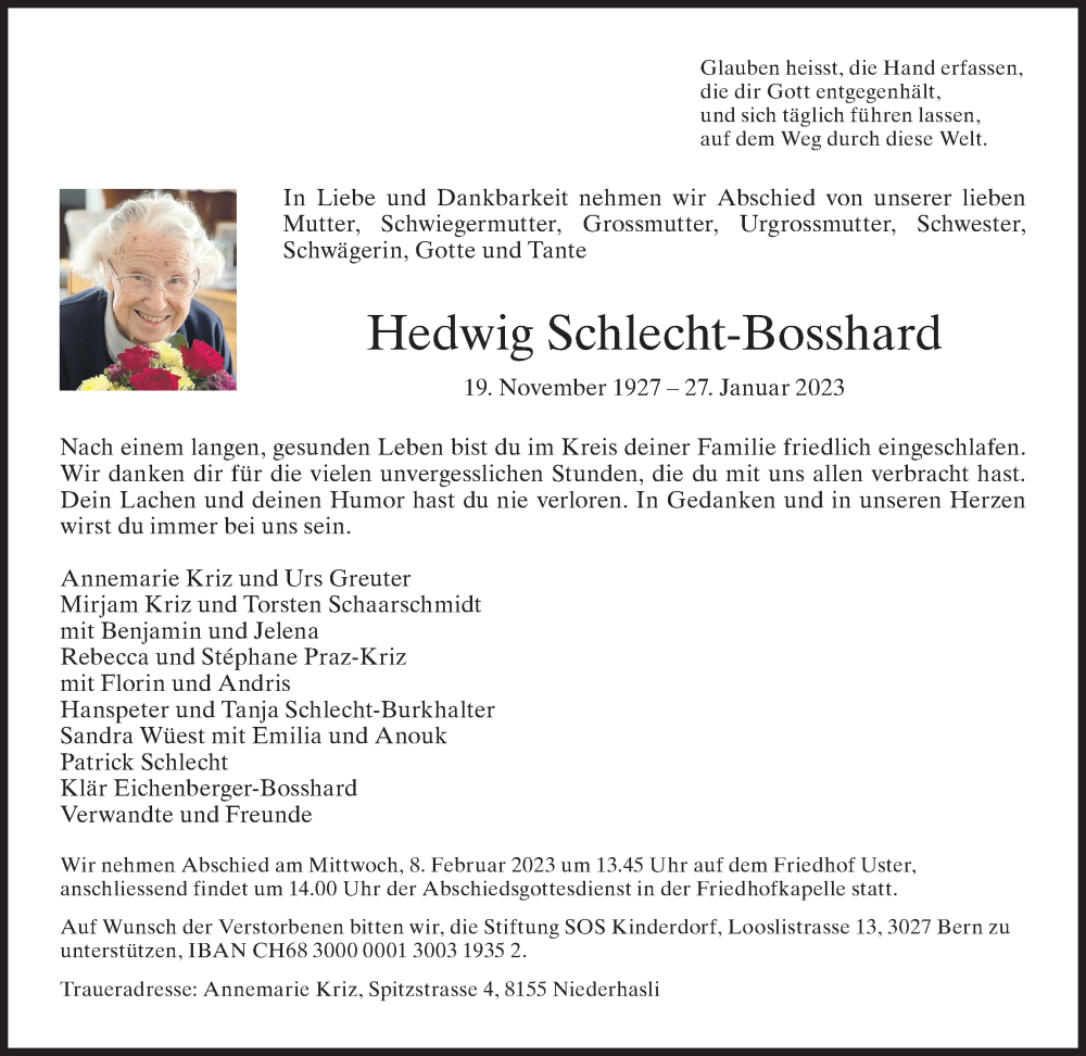  Traueranzeige für Hedwig Schlecht-Bosshard vom 01.02.2023 aus AvU