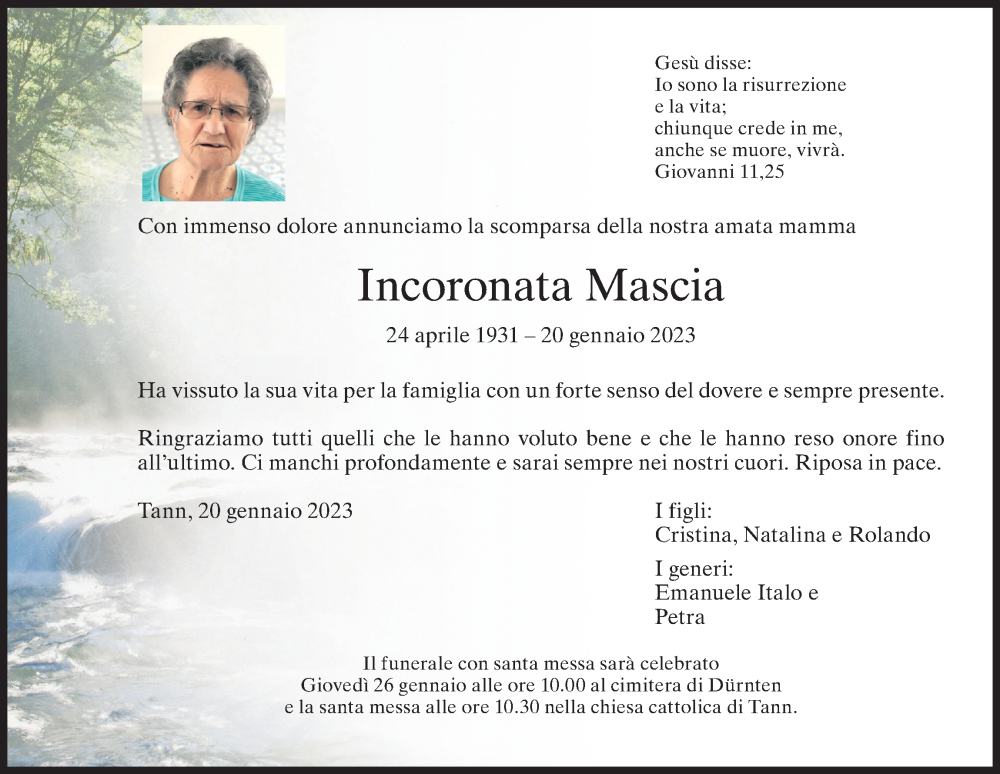  Traueranzeige für Incoronata Mascia vom 25.01.2023 aus AvU