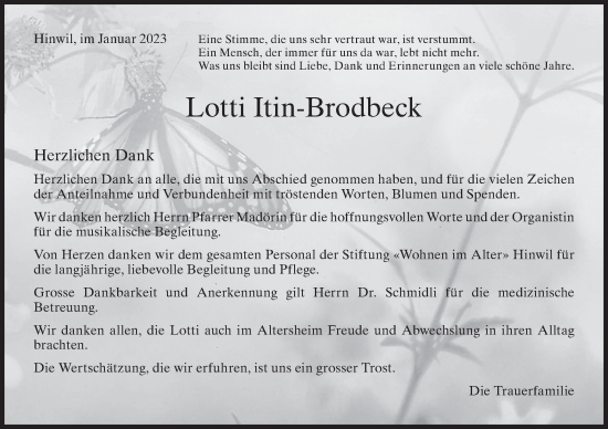 Traueranzeige von Lotti Itin-Brodbeck von AvU
