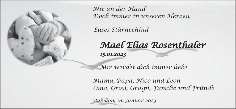  Traueranzeige für Mael Elias Rosenthaler vom 25.01.2023 aus AvU