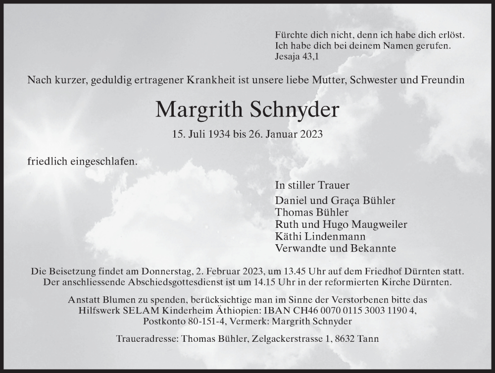  Traueranzeige für Margrith Schnyder vom 31.01.2023 aus ZO solo