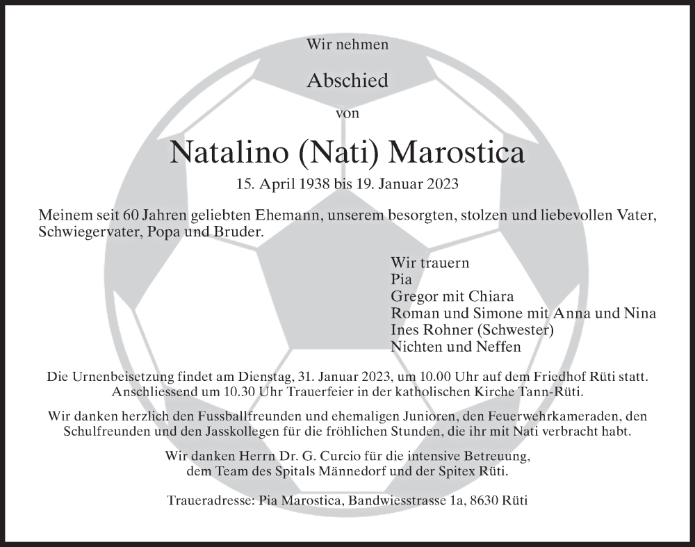  Traueranzeige für Natalino Marostica vom 25.01.2023 aus AvU