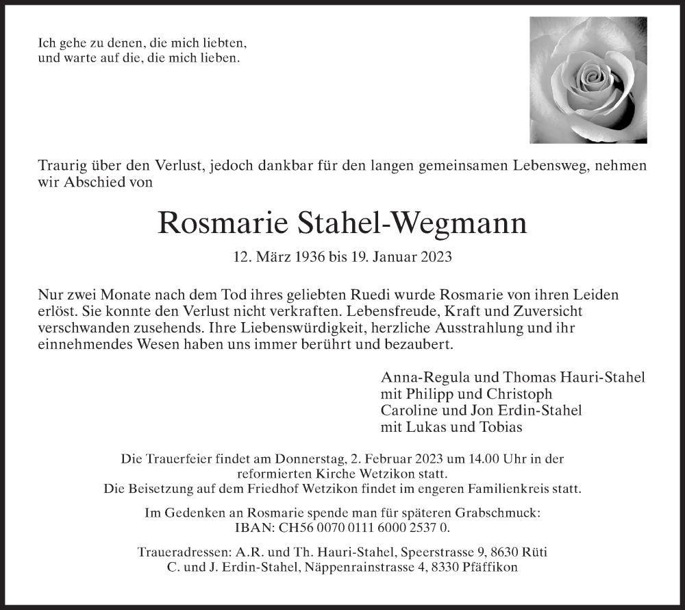  Traueranzeige für Rosmarie Stahel-Wegmann vom 25.01.2023 aus AvU