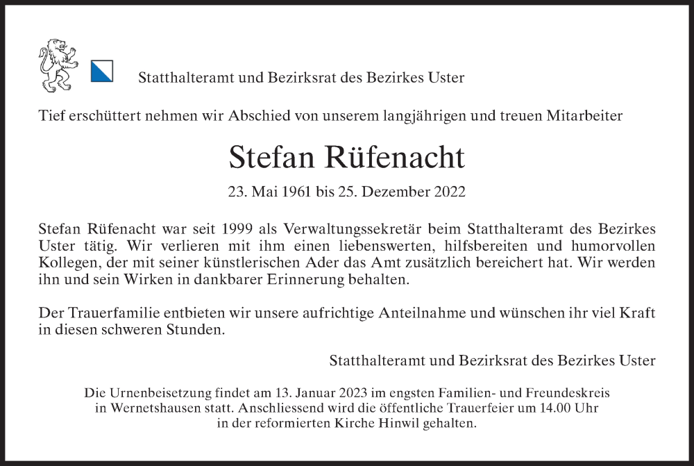  Traueranzeige für Stefan Rüfenacht vom 06.01.2023 aus AvU