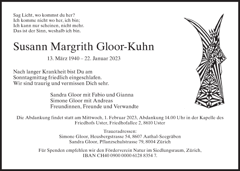  Traueranzeige für Susann Margrith Gloor-Kuhn vom 25.01.2023 aus AvU