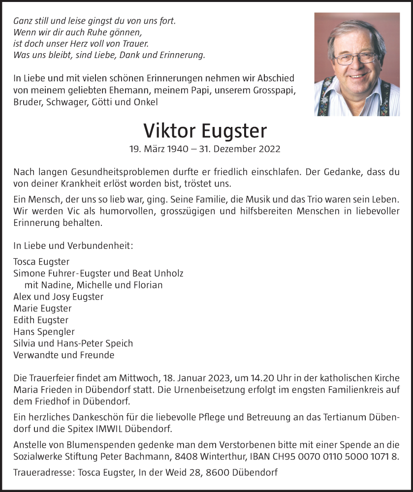  Traueranzeige für Viktor Eugster vom 13.01.2023 aus VO solo